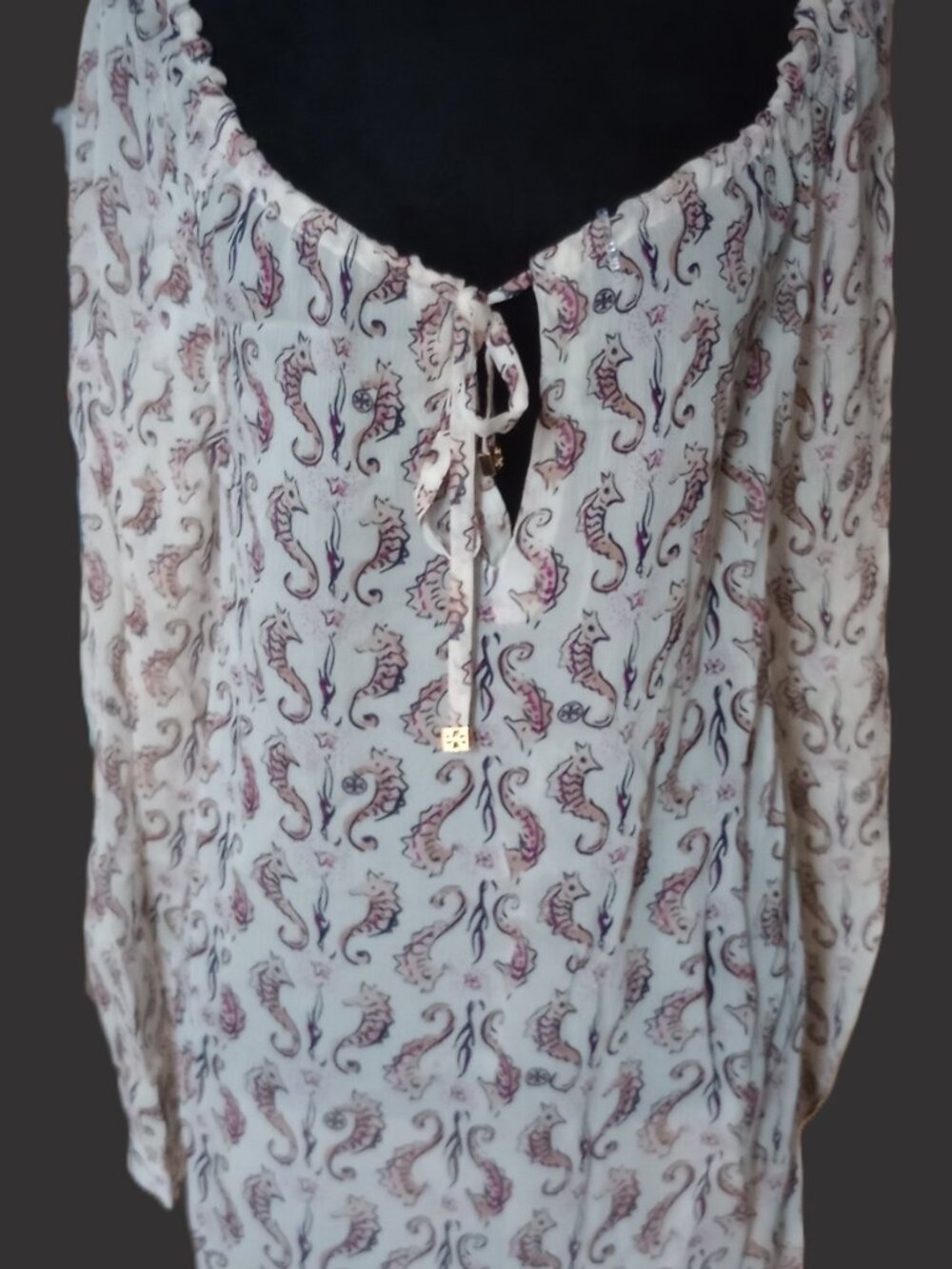 Tory Burch Women's 6 Sheer 100% Silk Blouse With Seahorse Pattern